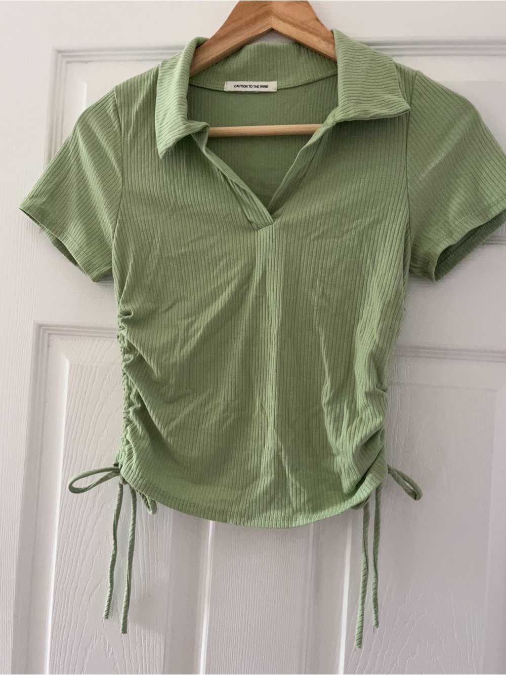 Light Green Ribbed Tie-Side Polo Crop Top